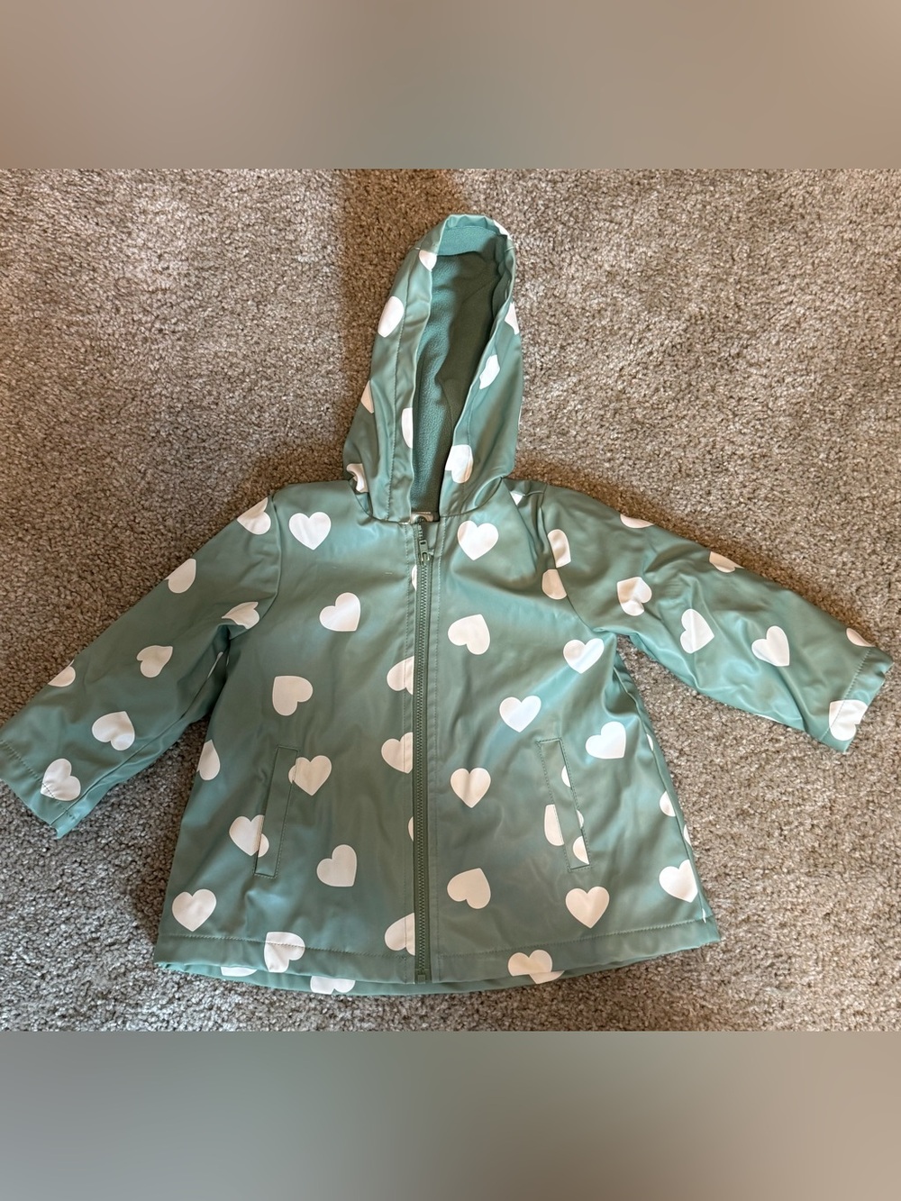 Kids Waterproof Hooded Heart-Print Raincoat - Sage Green 2t